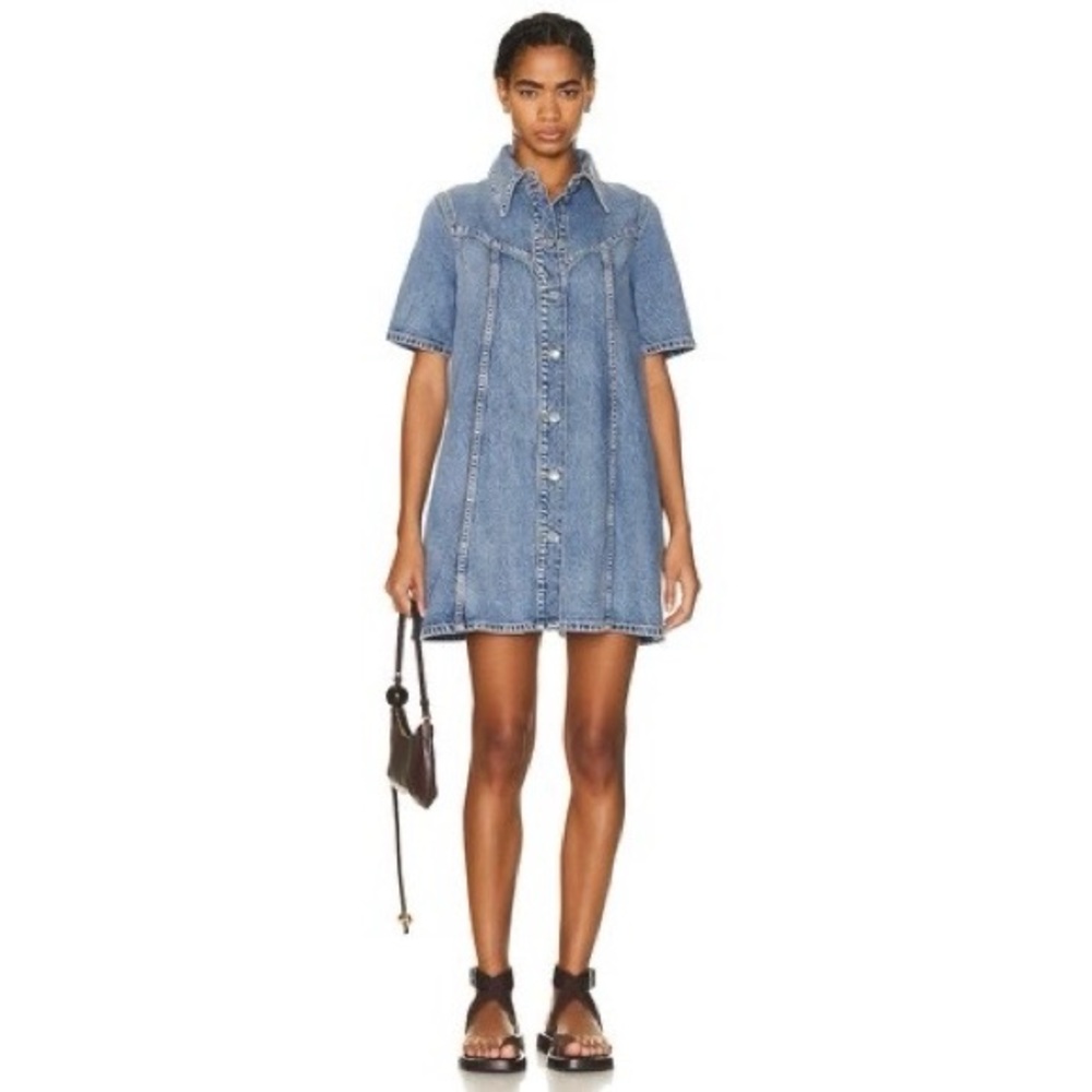 NWT‎ Ganni Vintage Washed Denim Mini Dress in Mid Blue Vintage Size Medium